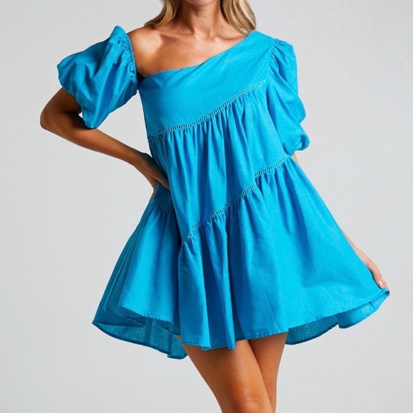 Showpo. Dresses & Skirts - Showpo Harleen Mini Dress Womens 14 Blue Babydoll Puff Sleeve Asymmetrical